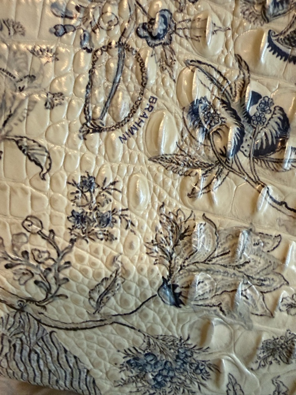 Brahmin Cream and Blue Floral Embossed Shoulder Bag - Picture 6 of 14